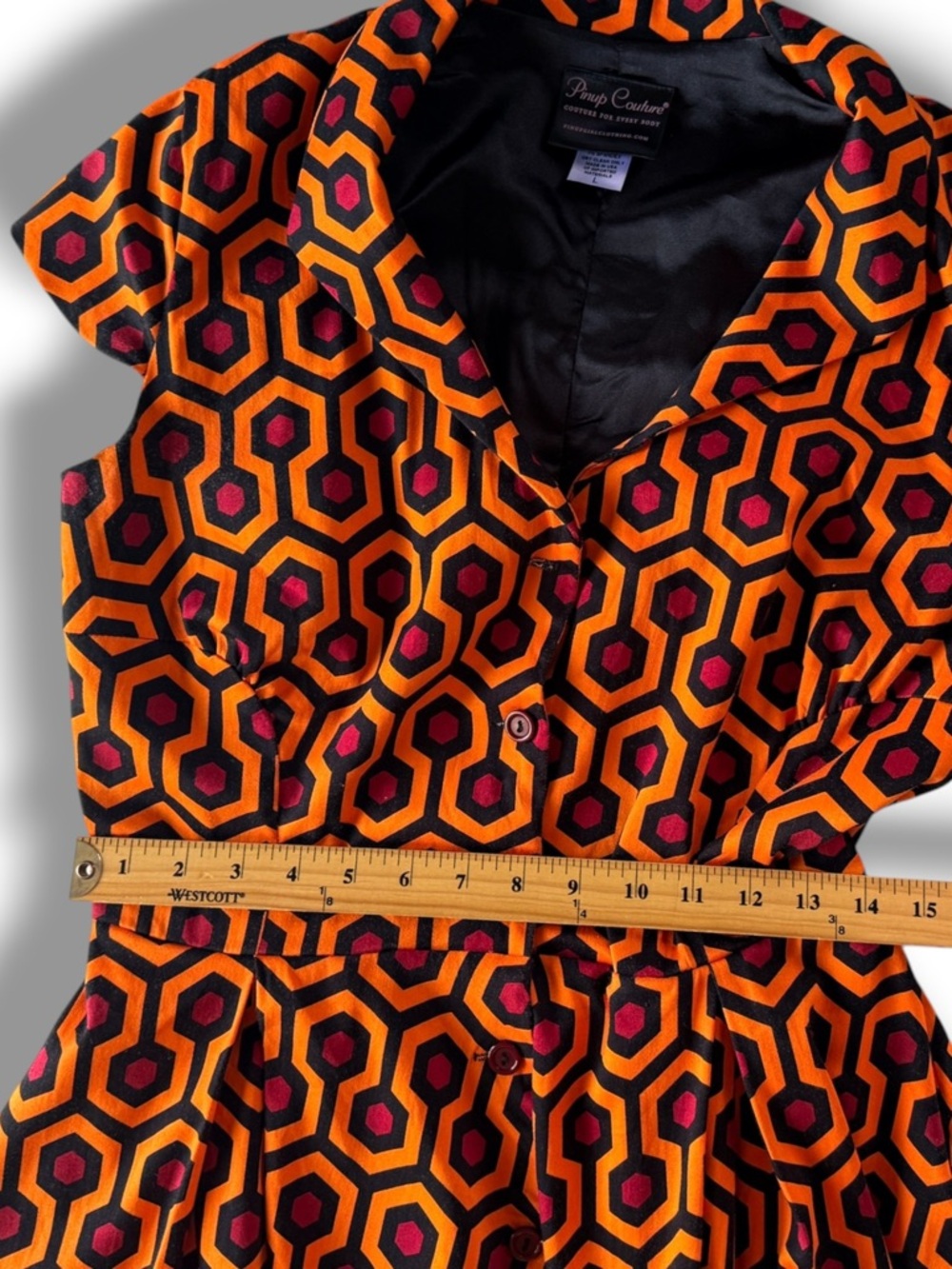 Pinup Couture Overlook Print Dress RARE The Shining Geo Orange Red Black Large - Picture 2 of 8
